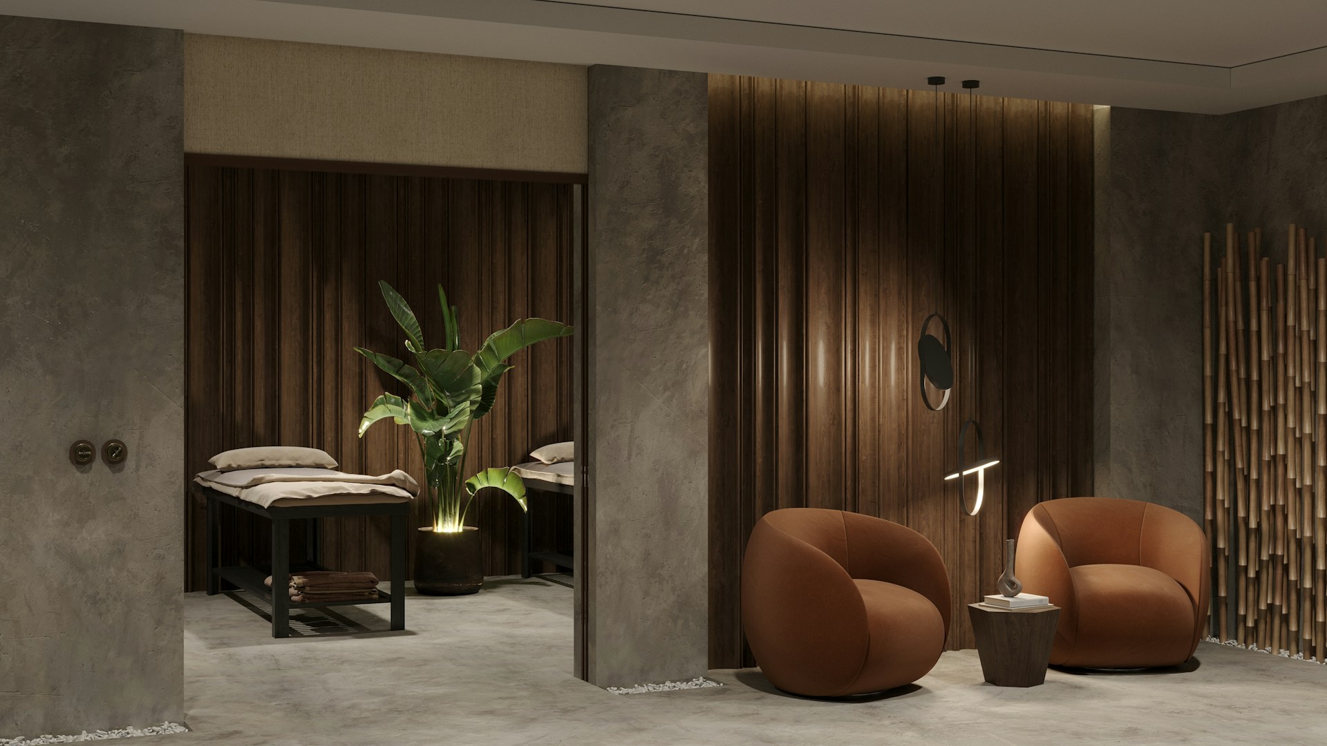 Un espace de bien-être feutré, table de massage et lumière chaude