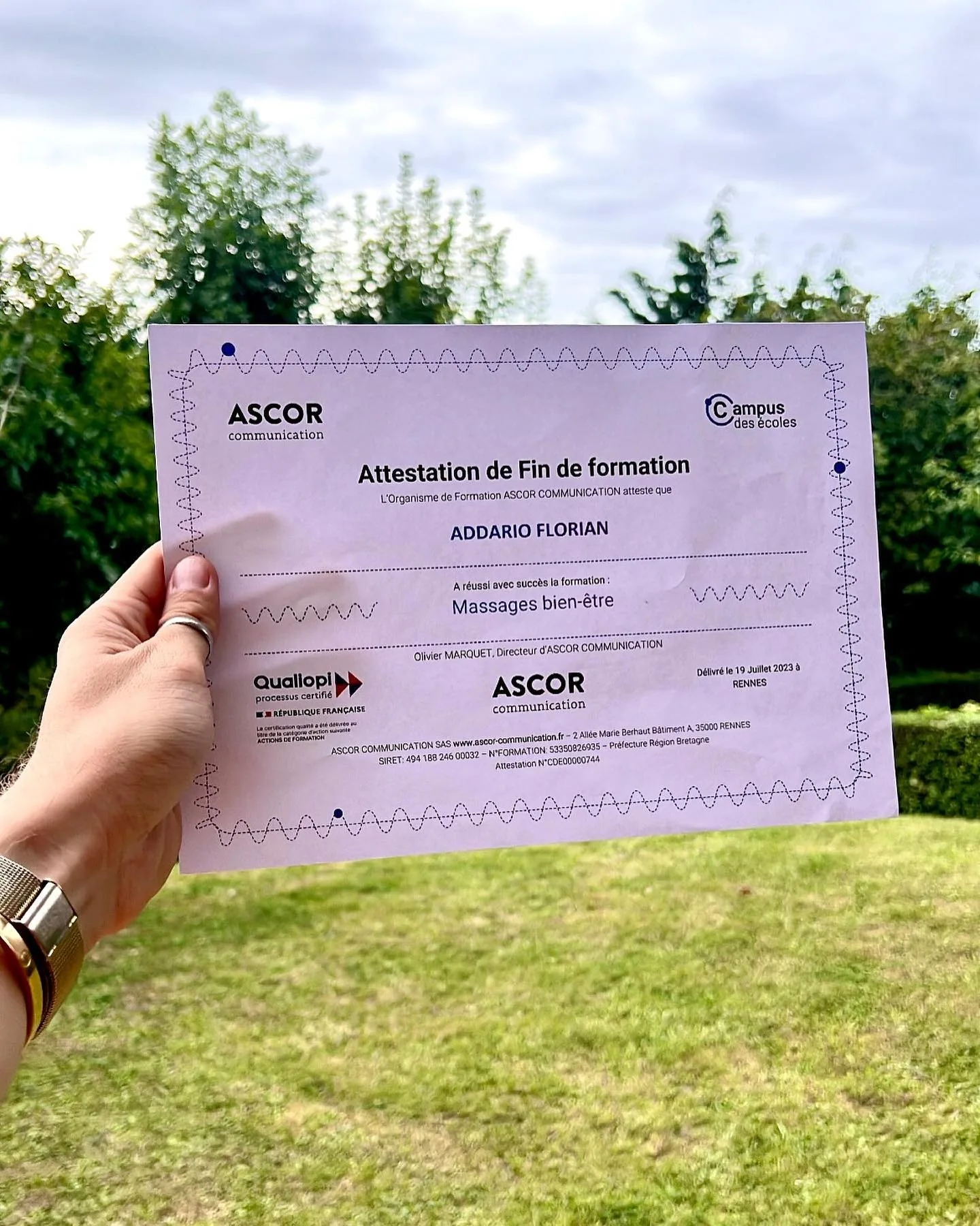 Diplôme ASCOR Massages bien-être